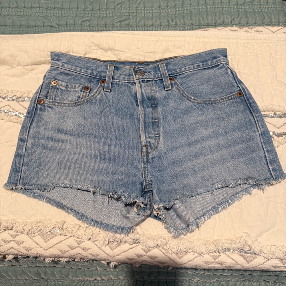 Levi's 501 Light Blue High-Rise Frayed Denim Shorts